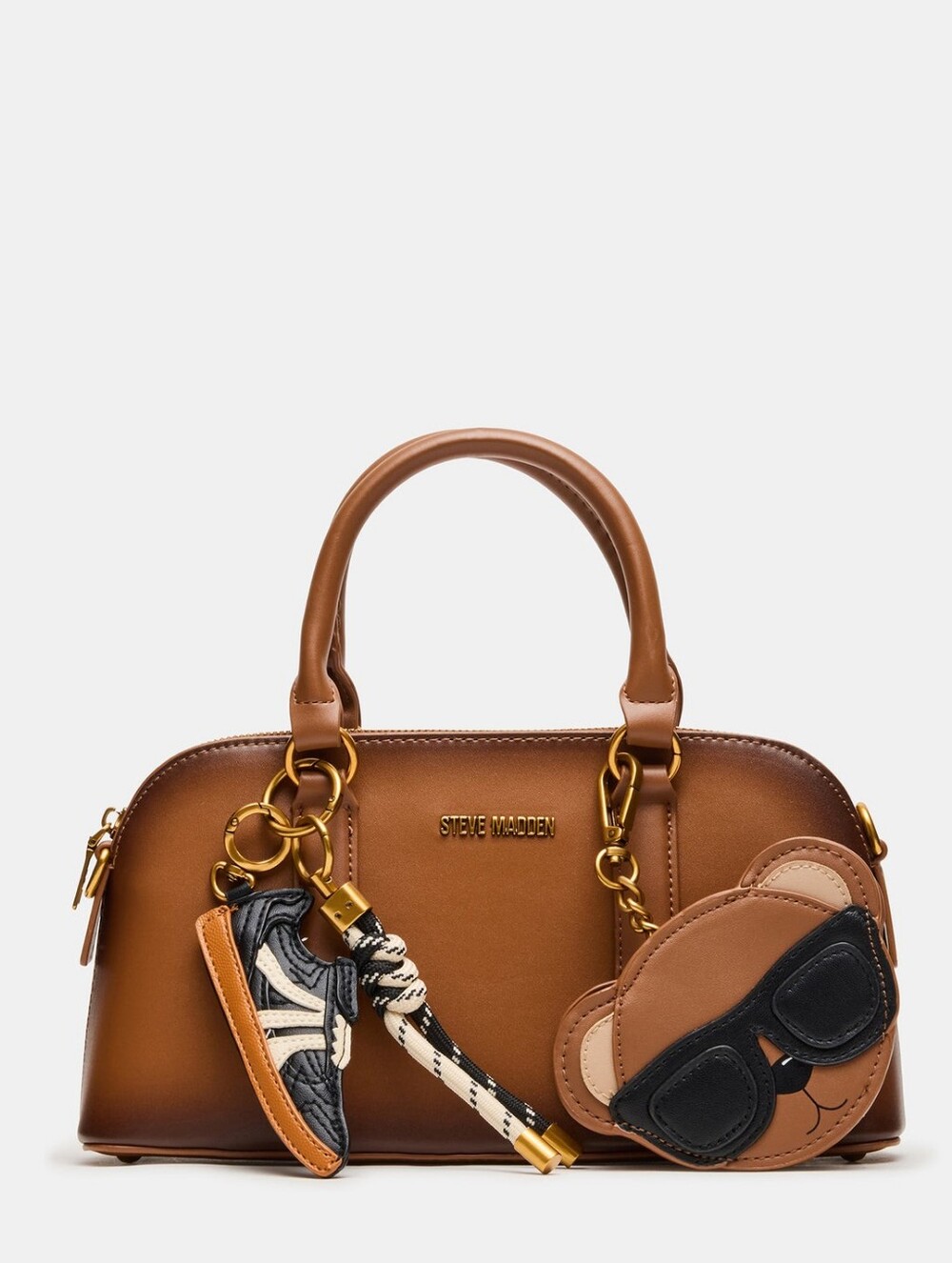 Steve Madden Brown Leather Satchel Handbag with Charm Accents